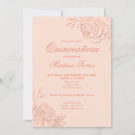 Rosa ros Guld Outline Flowers Blommigt Quinceanera Inbjudningar