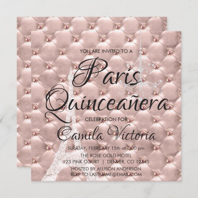 Rosa ros Guld Paris Quinceañera Firande Inbjudningar (Fram/baksida)