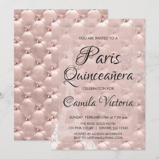 Rosa ros Guld Paris Quinceañera Firande Inbjudningar (Fram/baksida)