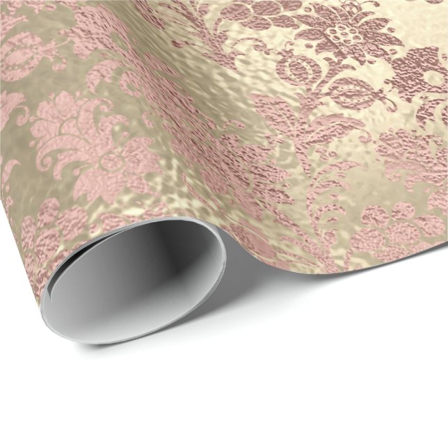 Rosa ros Guld Powder Faux  Blommigt Damask Presentpapper (Rullad Hörn)