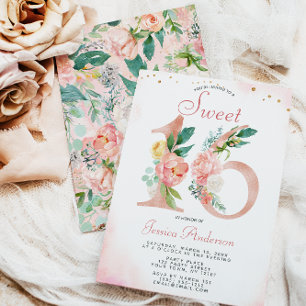 Rosa ros Guld Princess Blommigt Sweet 16 Birthday Inbjudningar