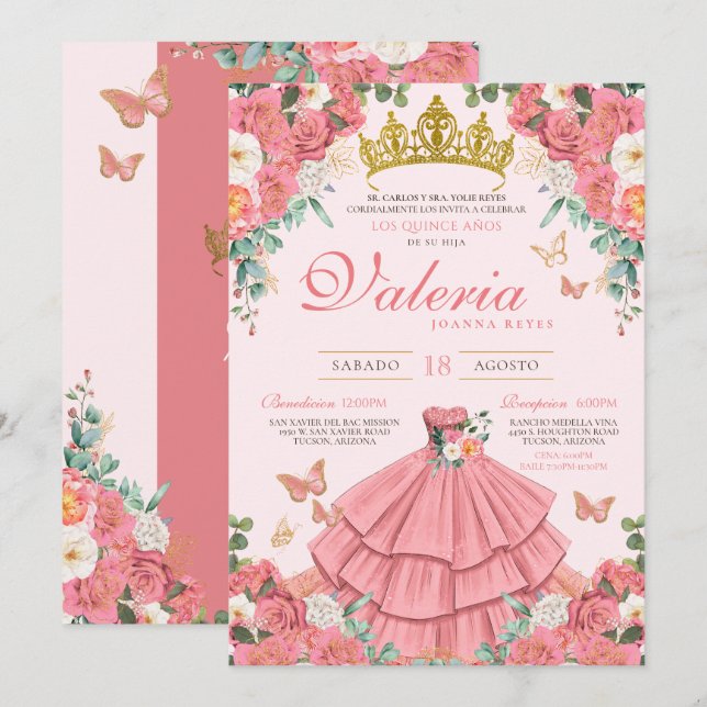 Rosa ros Guld Princess Butterfly Quinceanera Inbjudningar (Fram/baksida)
