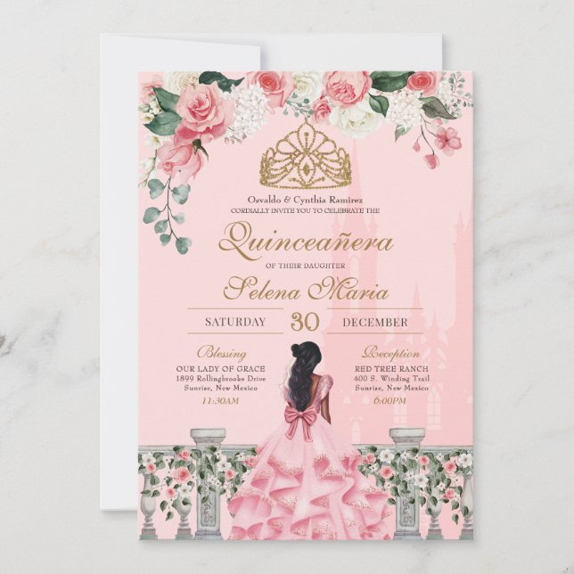 Rosa ros & Guld Princess Fairytale Quinceanera Inbjudningar (Framsida)