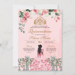 Rosa ros & Guld Princess Fairytale Quinceanera Inbjudningar