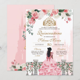 Rosa ros & Guld Princess Fairytale Quinceanera Inbjudningar