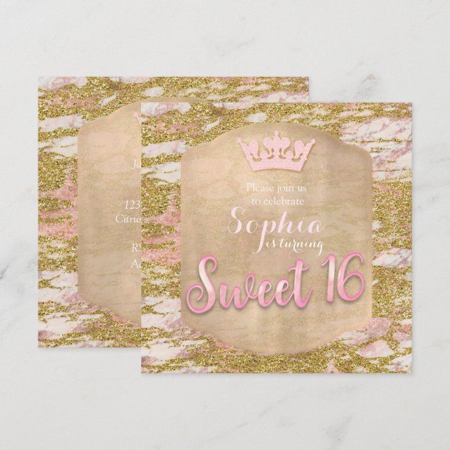 Rosa ros Guld Princess SWEET 16-partsinbjudan Inbjudningar (Fram/baksida)