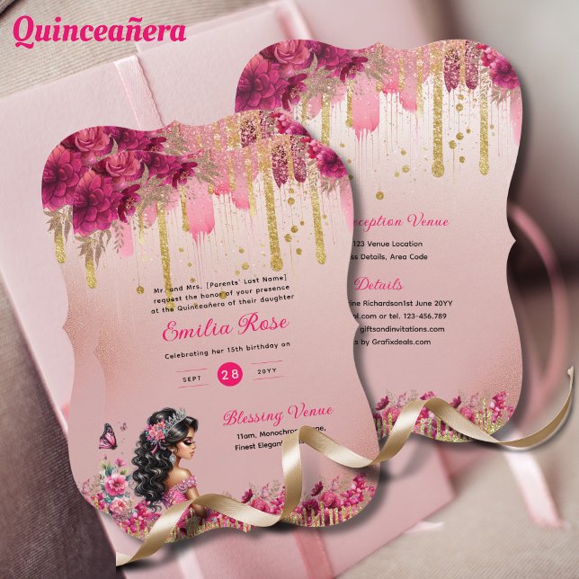 Rosa ros Guld Quinceanera Dress Blommigt Ro Inbjudningar (Skapare uppladdad)