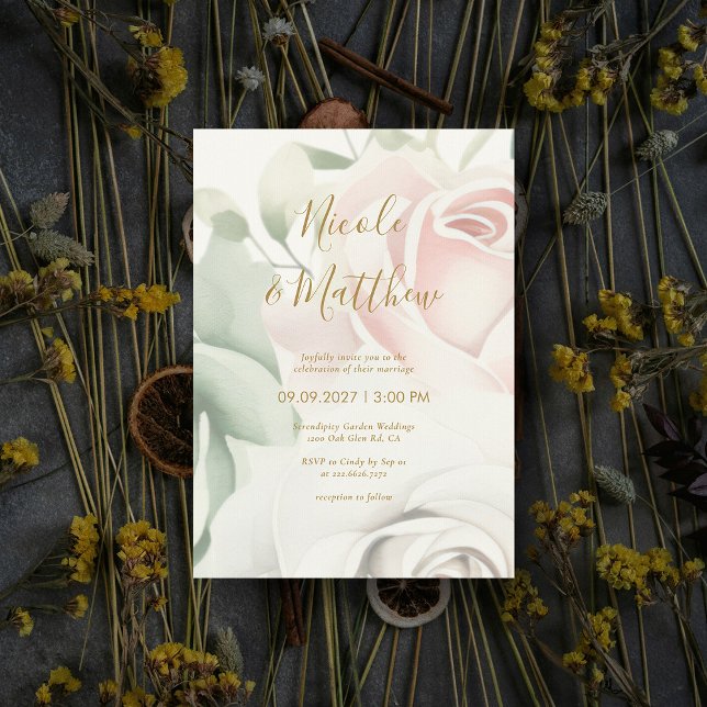 Rosa ros & Guld Script Personlig Bröllop Inbjudningar (Pink Roses & Gold Script Personalized Wedding Invitation)