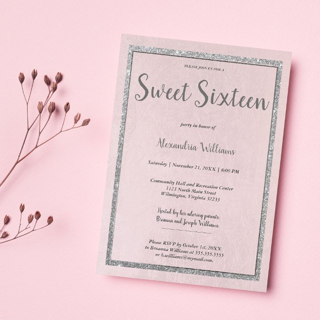  rosa ros guld silver glitter Sweet sixteen Inbjudningar (Blush pink rose gold silver glitter Sweet Sixteen)