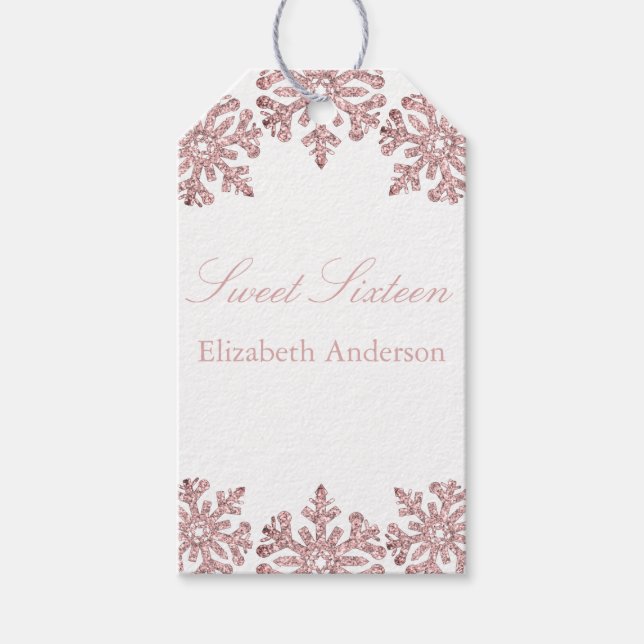 Rosa ros Guld Snowflake Winter Sweet 16 Presentetikett (Framsidan)