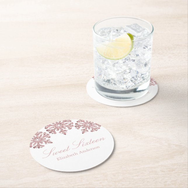 Rosa ros Guld Snowflake Winter Sweet 16 Underlägg Papper Rund (Insitu)