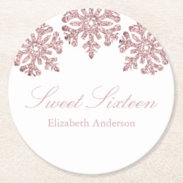 Rosa ros Guld Snowflake Winter Sweet 16 Underlägg Papper Rund