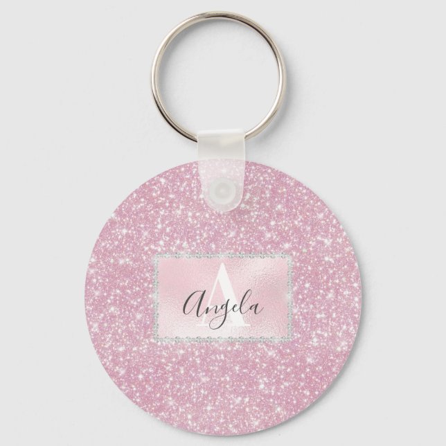 Rosa ros Guld Sparkly Glitter Monogram Girly Nyckelring (Framsida)