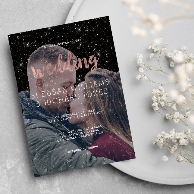 Rosa ros guld, svart glitter-foto, bröllop inbjudningar (Pink rose gold typo black glitter photo wedding)