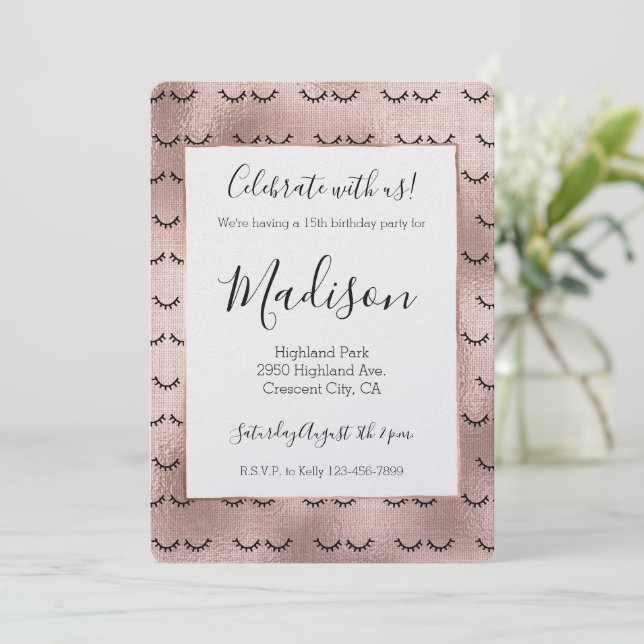  Rosa ros Guld Svarta Eyelash Inbjudningar (Stående Fram)