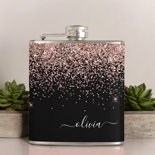  Rosa ros Guld Svarta Glitter, Monogram Namn Fickplunta (Skapare uppladdad)