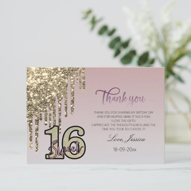  Rosa ros Guld Sweet sixteen Tack Kort (Stående Fram)