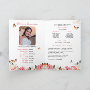 Rosa ros Guld Tiara Butterfly Quinceanera Program