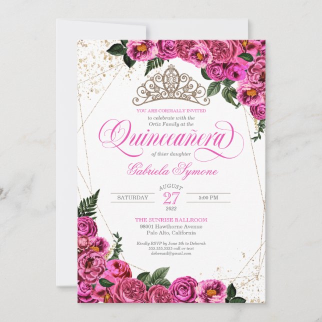 Rosa ros & Guld Tiara Elegant Quinceañera Inbjudningar (Framsida)
