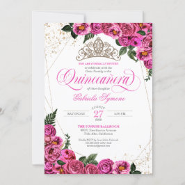 Rosa ros & Guld Tiara Elegant Quinceañera Inbjudningar