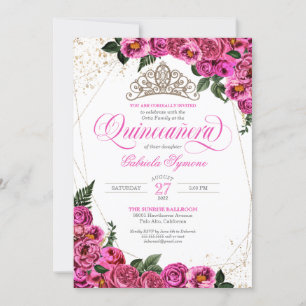 rosa ros & Guld Tiara Elegant Quinceañera Inbjudningar