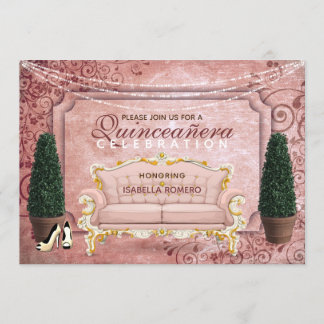Rosa ros Guld Topiary Garden Quinceañera Inbjudningar