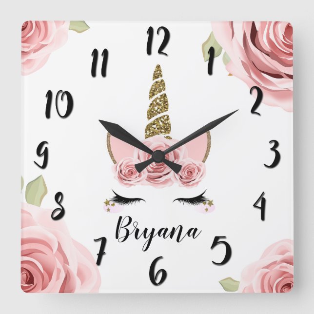 Rosa ros Guld Unicorn Trendig Cute Fyrkantig Klocka (Framsida)