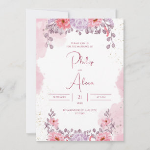 Rosa ros Guld Watercolor Bröllop Inbjudningar