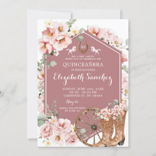 Rosa ros Guld Western Charra Quinceañera Inbjudningar