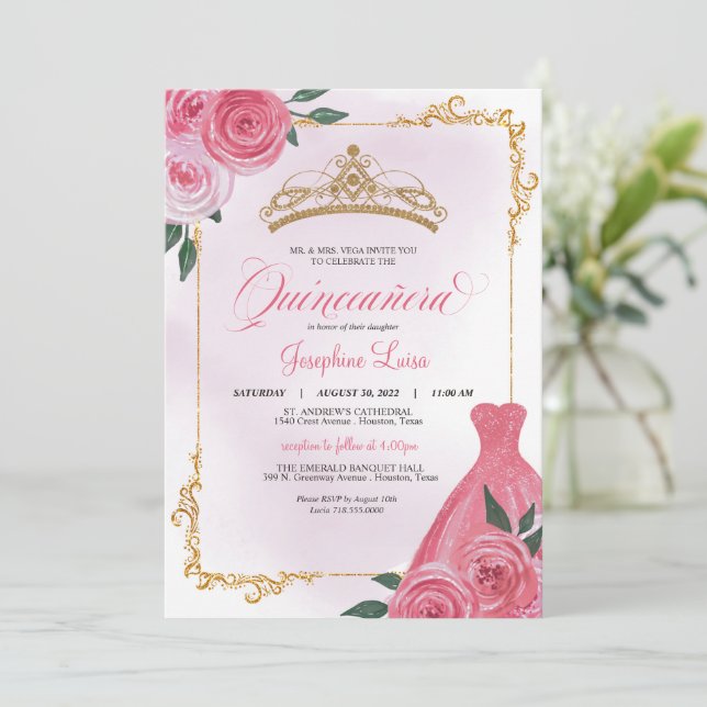 Rosa ros & Guld White Blommigt Tiara Quinceañera Inbjudningar (Stående Fram)