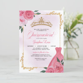 Rosa ros & Guld White Blommigt Tiara Quinceañera Inbjudningar