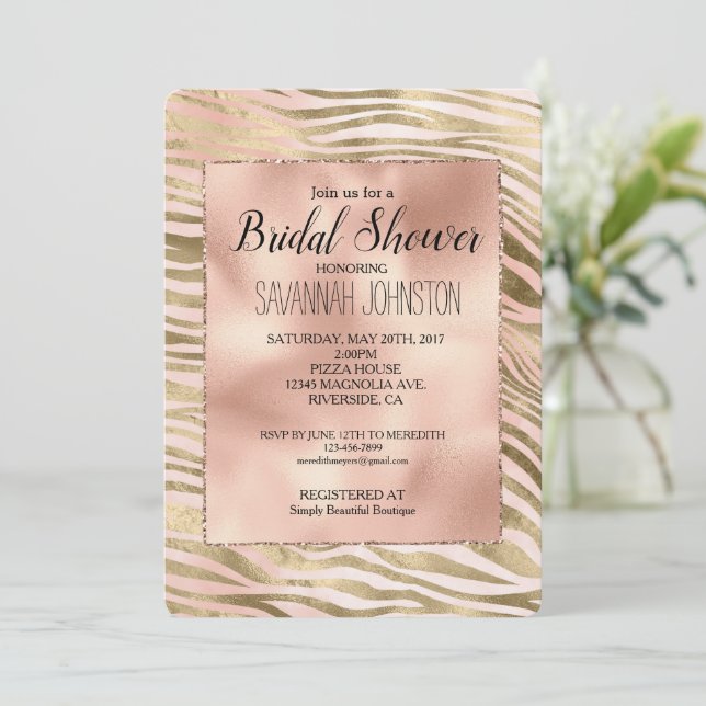 Rosa ros  Guld Zebra Animal Möhippa  Inbjudningar (Stående Fram)