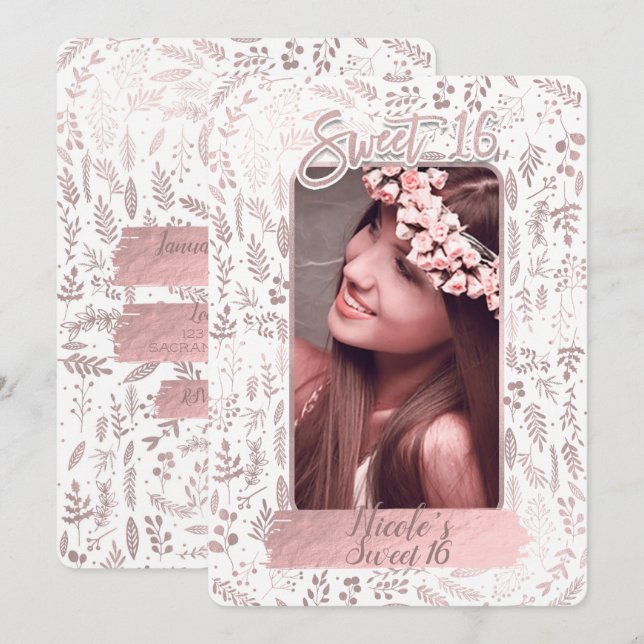 Rosa ros guldfärgat modernt sötningsmedel 16 födel inbjudningar (Fram/baksida)