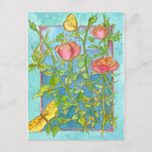 Rosa ros Gult Butterfly Garden Watercolor Art Vykort