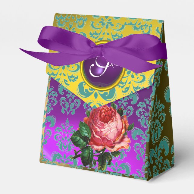 ROSA ROS, GULT TEAL DAMASK, LILA GEM MONOGRAM PRESENTASKAR (Framsidan Sidan)