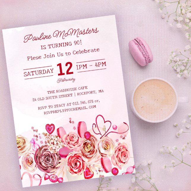 Rosa ros Hjärthjärtans 90:e födelsedag Inbjudningar (Skapare uppladdad)