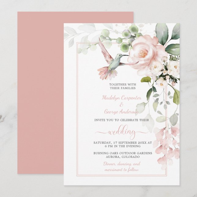  Rosa ros, Hummingbird och Sage Greenery Inbjudningar (Fram/baksida)