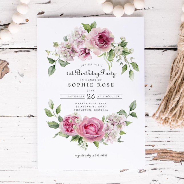 Rosa ros Hydrangea Blommigt Arch 1:a födelsedag Pa Inbjudningar (Skapare uppladdad)