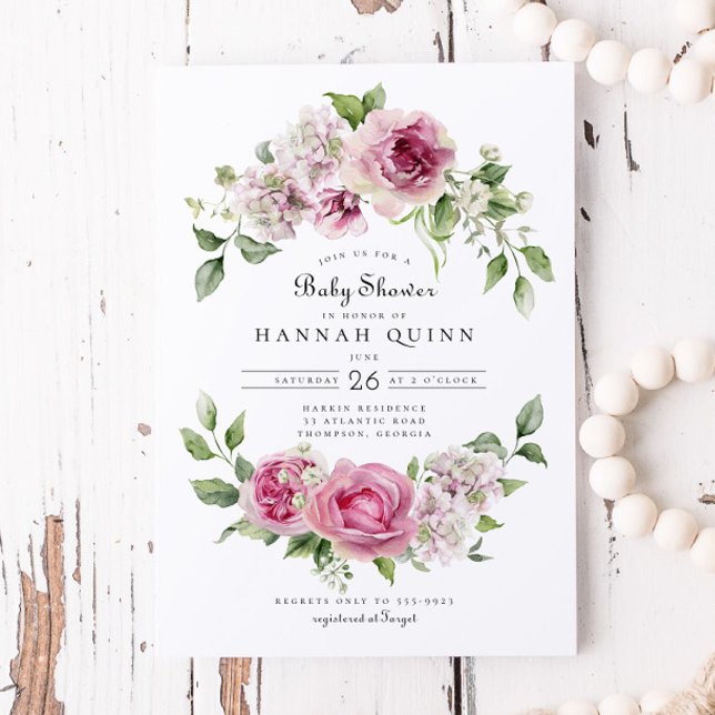 Rosa ros Hydrangea Blommigt  Arch Girl Baby Shower Inbjudningar (Skapare uppladdad)