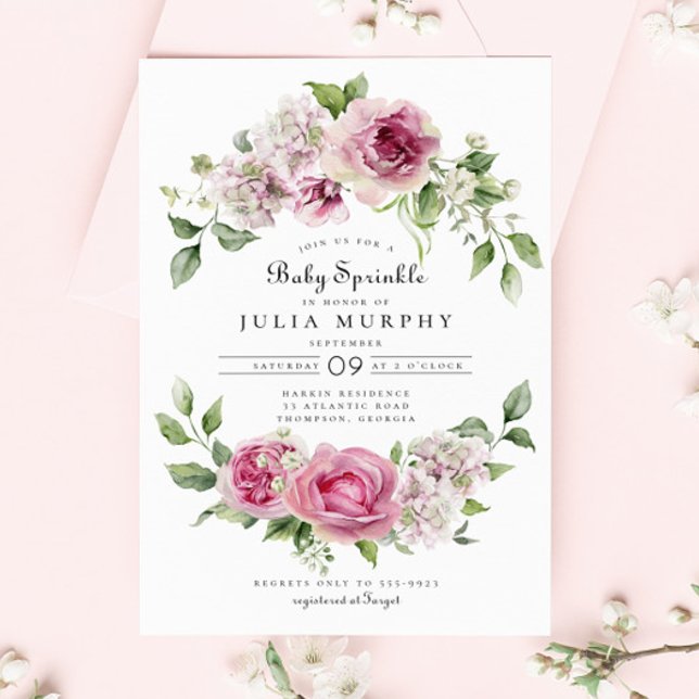 Rosa ros Hydrangea Blommigt Arch Girl Baby Sprinkl Inbjudningar (Skapare uppladdad)