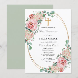 Rosa ros Hydrangea First Heliga Communion Inbjudningar