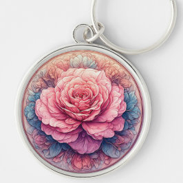 Rosa ros i blomning omgiven av utsmyckade detaljer rund silverfärgad nyckelring