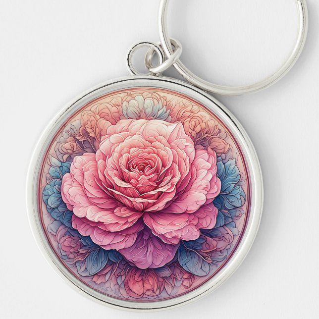 Rosa ros i blomning omgiven av utsmyckade detaljer rund silverfärgad nyckelring (Framsidan)