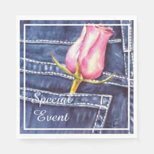 Rosa ros i Denim Pocket Party Pappersservett