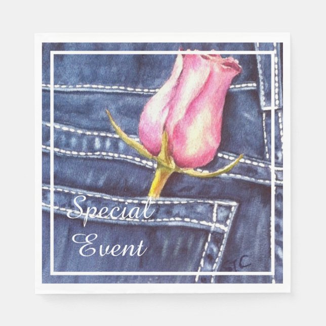 Rosa ros i Denim Pocket Party Pappersservett (Framsidan)