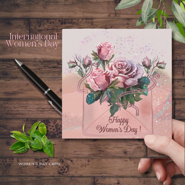 Rosa ros i kuvert | Lycklig kvinnodagen Julkort (Pink Roses in envelope _ Happy Women's Day Holiday Card )