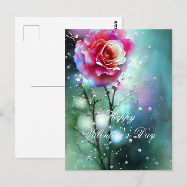 Rosa ros i regnvalentin vykort (Fram/baksida)