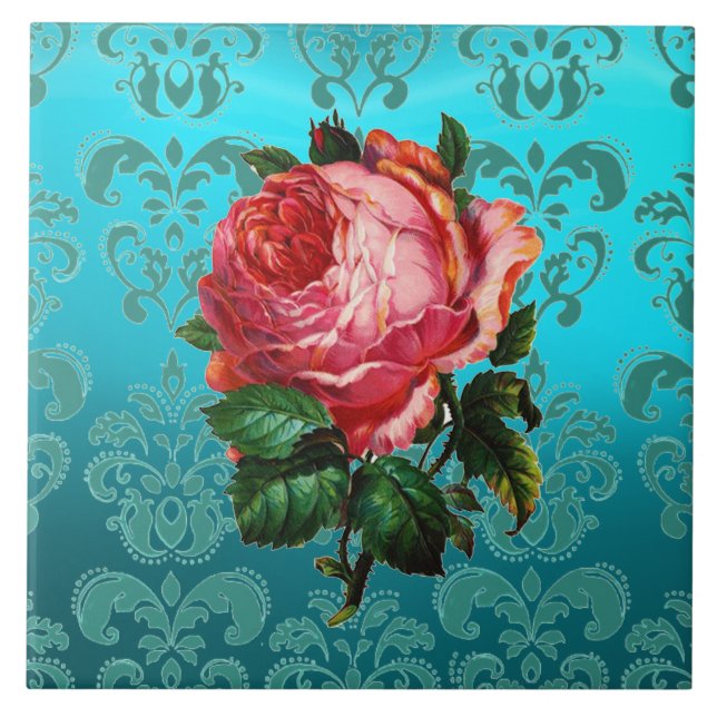 ROSA ROS I TEALBLÅ DAMASK Floral Keramisk Kakel (Framsidan)