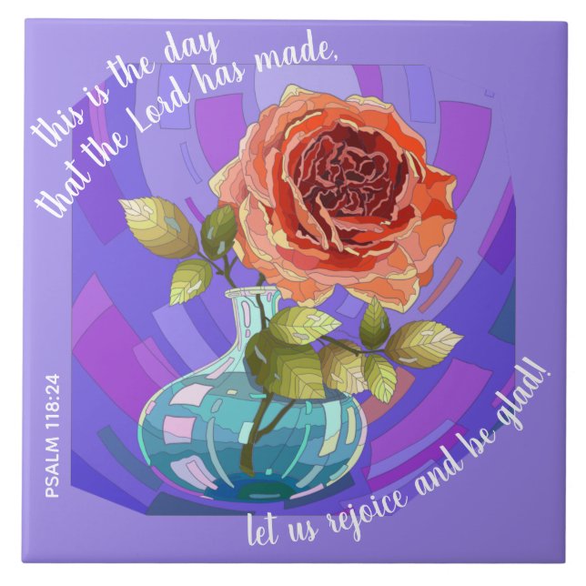 Rosa ros i vas, med versaler från Psalm 118:24 Kakelplatta (Framsidan)