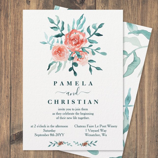 Rosa ros, inbjudan till vinter-vinter-vinter-eukal (winter light pink light eucalyptus green leaves wedding invitations floral pink bouquet watercolor)